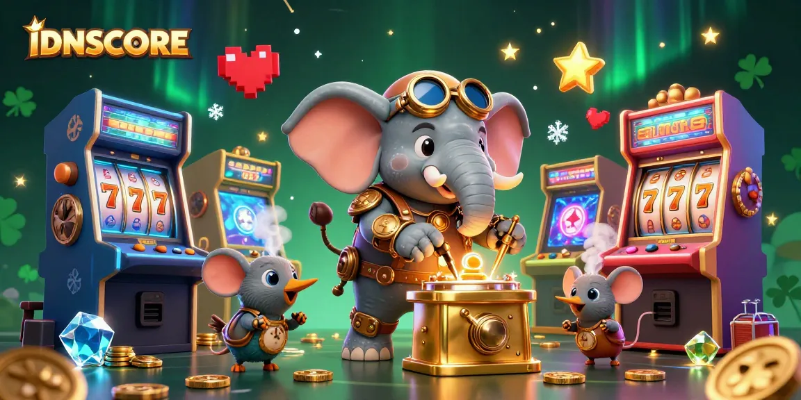 IDNSCORE offers an exciting gaming experience with slot machines and vibrant arcade elements illuminating the scene.