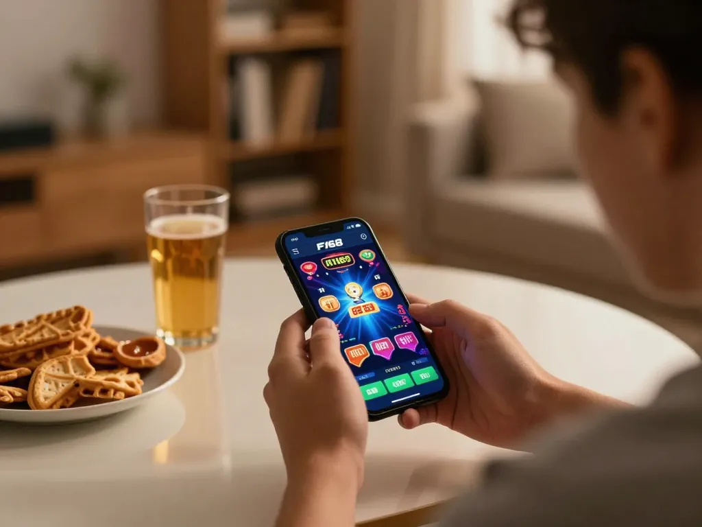 Player engaging with the F168 casino app on smartphone in a cozy home setting, showcasing online gambling experience