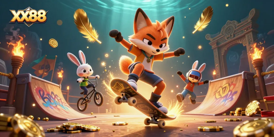 Master the art of gaming at xx88 with a vibrant 3D scene of casino action featuring fun animal characters.