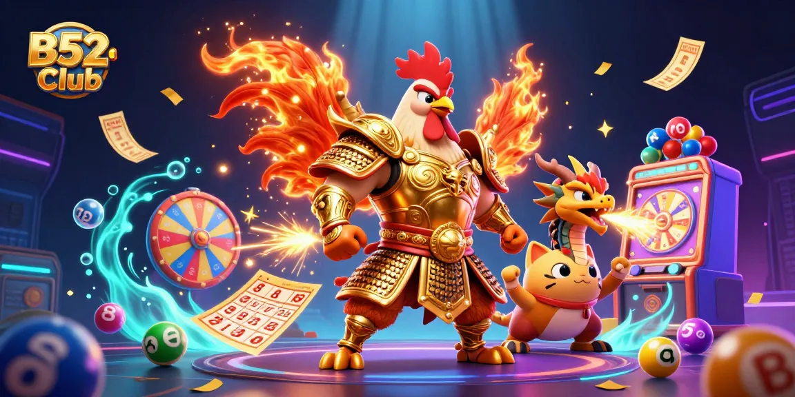B52Club's dynamic gaming celebration features a colorful lottery theme with immersive characters and vibrant elements.