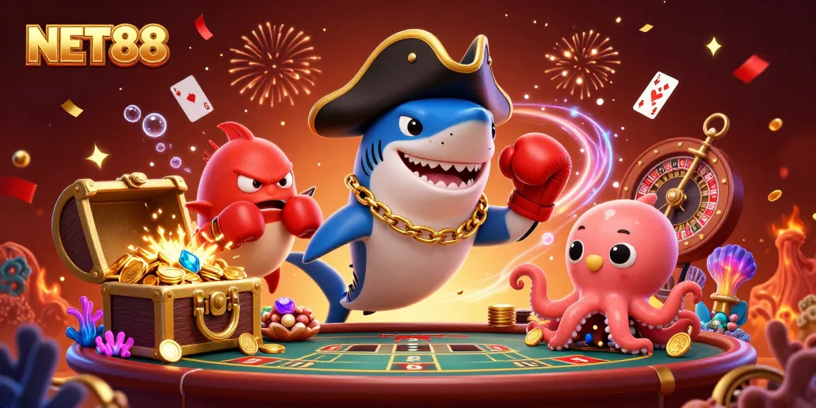 NET88 brings excitement with a pirate shark, battling pufferfish, and octopus treasure-holding action.