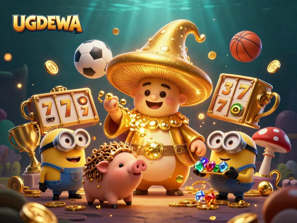 Experience the magic of UGDEWA with a golden mushroom wizard casting spells amidst vibrant casino elements.