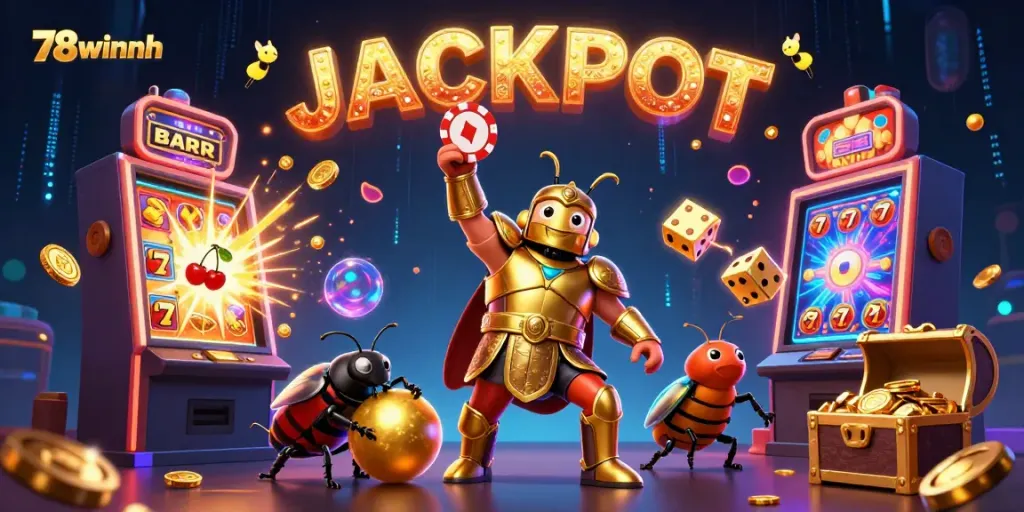 Experience the vibrant 78winnh scene featuring a victorious beetle lifting a poker chip in a lively casino atmosphere.