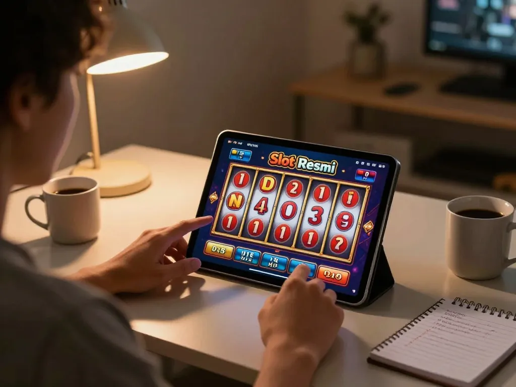 Engaging in a thrilling Slot Resmi game on a tablet in a cozy home office environment.