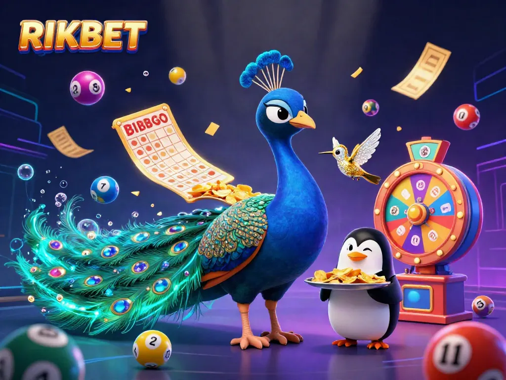 Experience the vibrant energy of RIKBET with colorful lottery elements and dynamic characters in an exciting gaming scene.