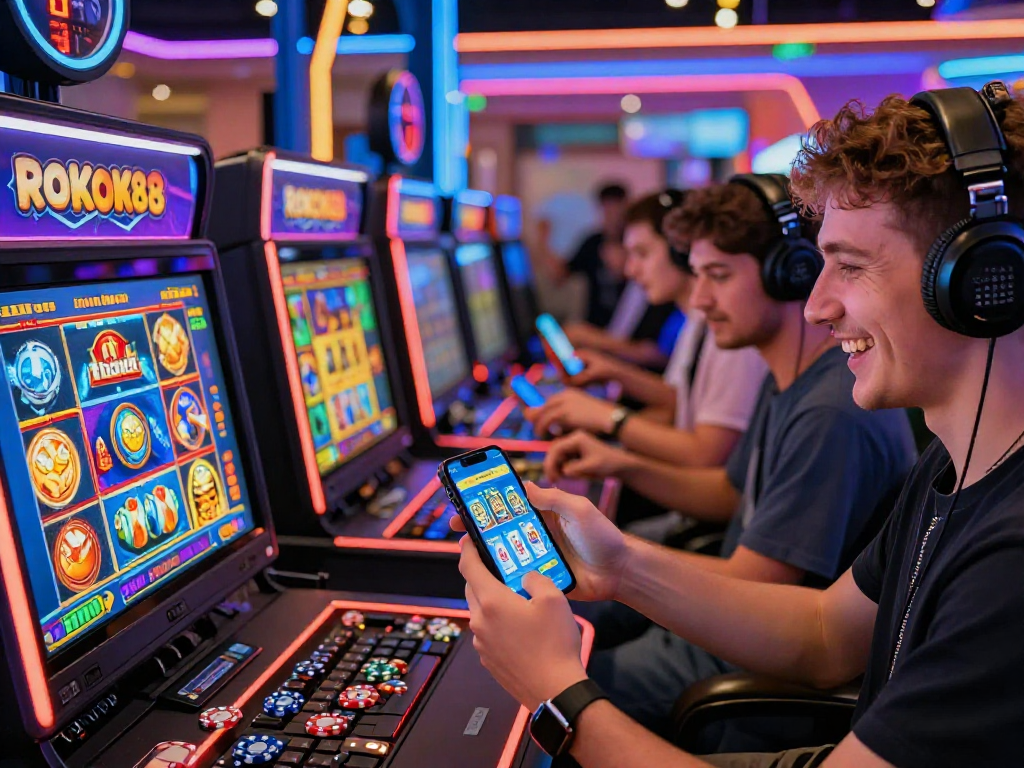Engaged players celebrating high stakes wins on ROKOK88 online slot games with vibrant graphics.