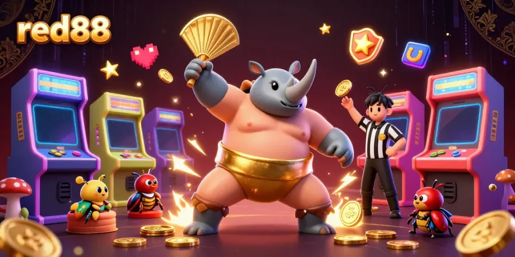Experience the thrill at red88 with a dynamic scene featuring a sumo champion beetle amidst flying coins and casino games.