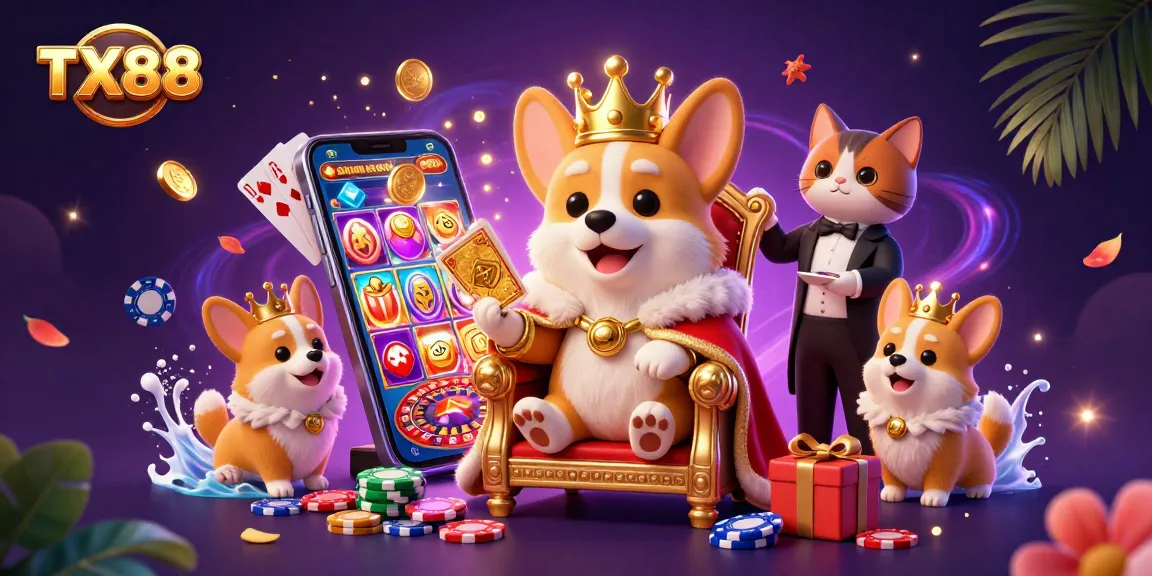 TX88 showcases a regal corgi on a poker chip throne, vibrant casino elements enhance the scene.