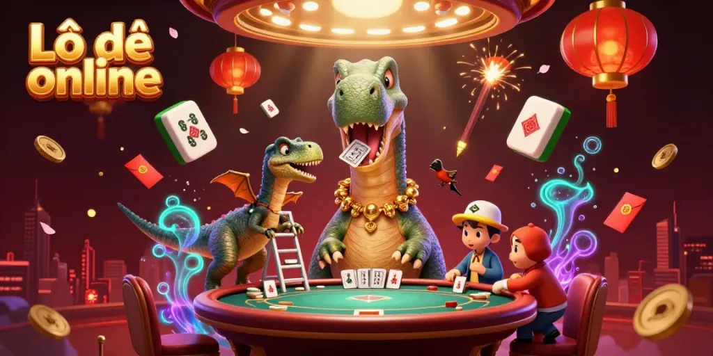 Lô đề online features a whimsical scene with a dinosaur overseeing a poker game, symbolizing fun in gambling.