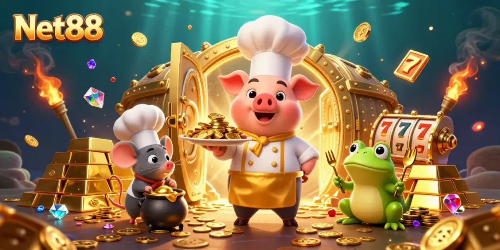 Experience the vibrant Net88 casino atmosphere filled with gold coins, slot reels, and lively characters.