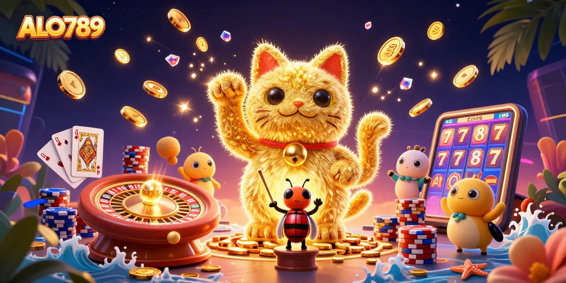 Experience thrilling gameplay at ALO789 with a lively lucky cat and dynamic casino symbols.