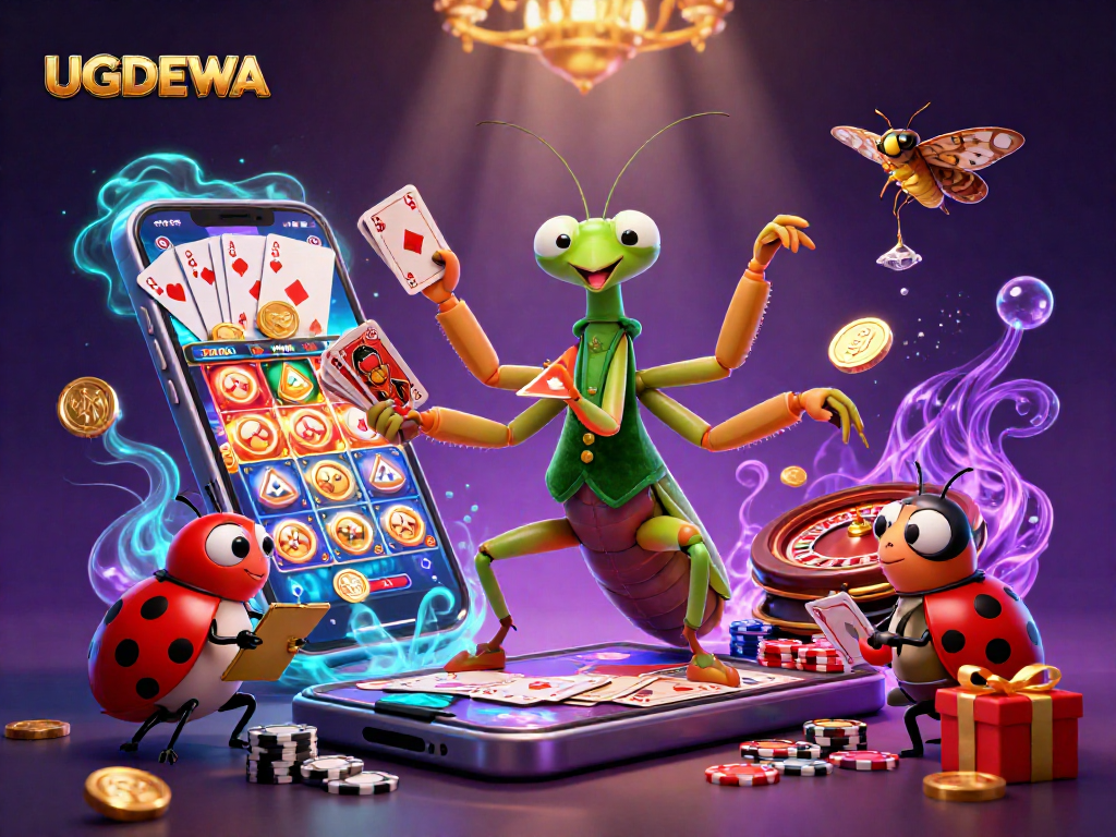 Experience the thrill of UGDEWA with a vibrant scene of animated casino characters and games.