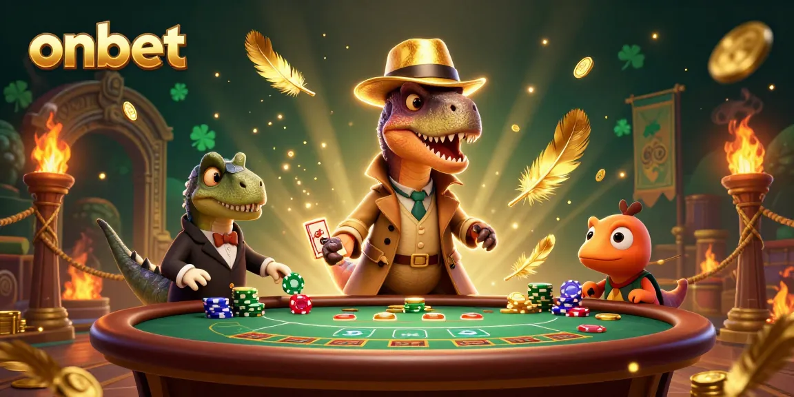 Experience thrilling blackjack action with onbet's cartoon velociraptor card counter and friends in a vibrant casino scene.