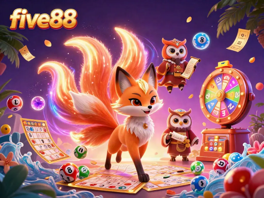Experience five88's vibrant online casino world with a magical fox and owl amidst dynamic gaming elements.