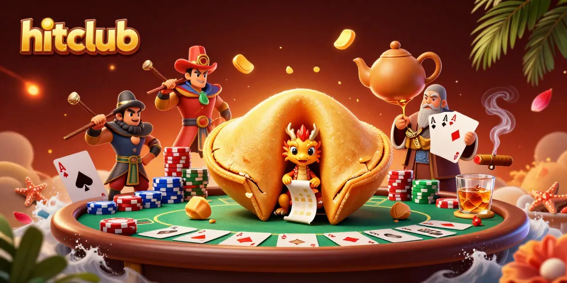 Engage in thrilling poker action at hitclub with fortune cookie-themed 3D illustration.