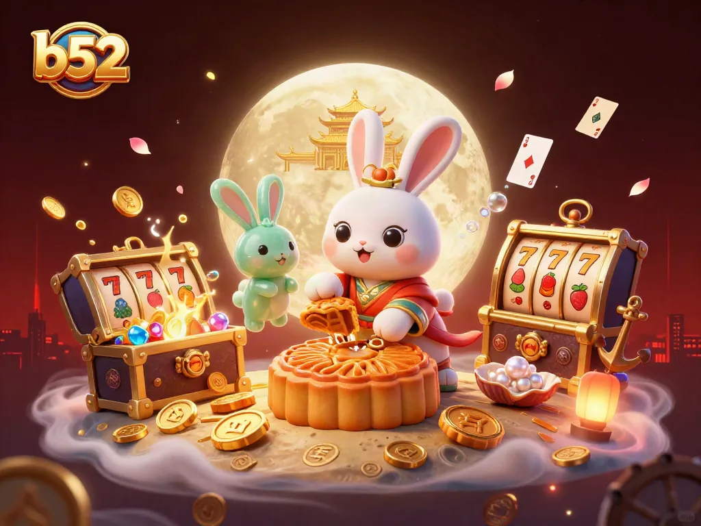 Engage in b52 gaming excitement with a whimsical moon rabbit and golden mooncakes revealing poker chips.