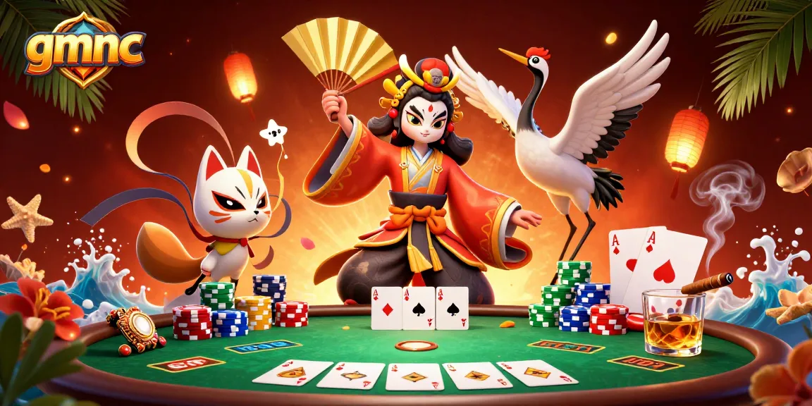 Engage in winning strategies with GMNC in a vibrant 3D casino scene showcasing poker elements and traditional characters.