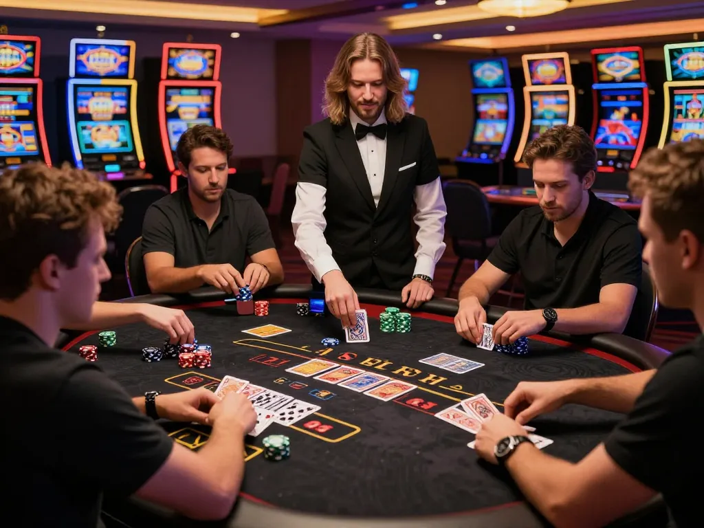 MPO ID highlights intense blackjack gameplay with players focusing on cards, dealer managing bets, and vibrant casino atmosphere.