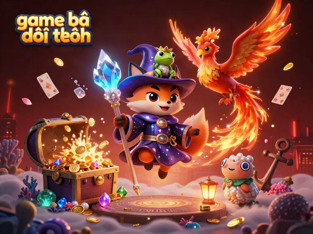 Experience the thrill of game bài đổi thưởng with a mystical fox wizard, a phoenix, and rich treasures.