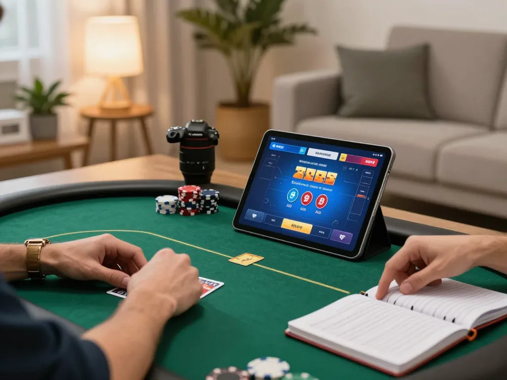 Engaging in maxpoker88 online poker strategy at home, showcasing players' hands and game elements.