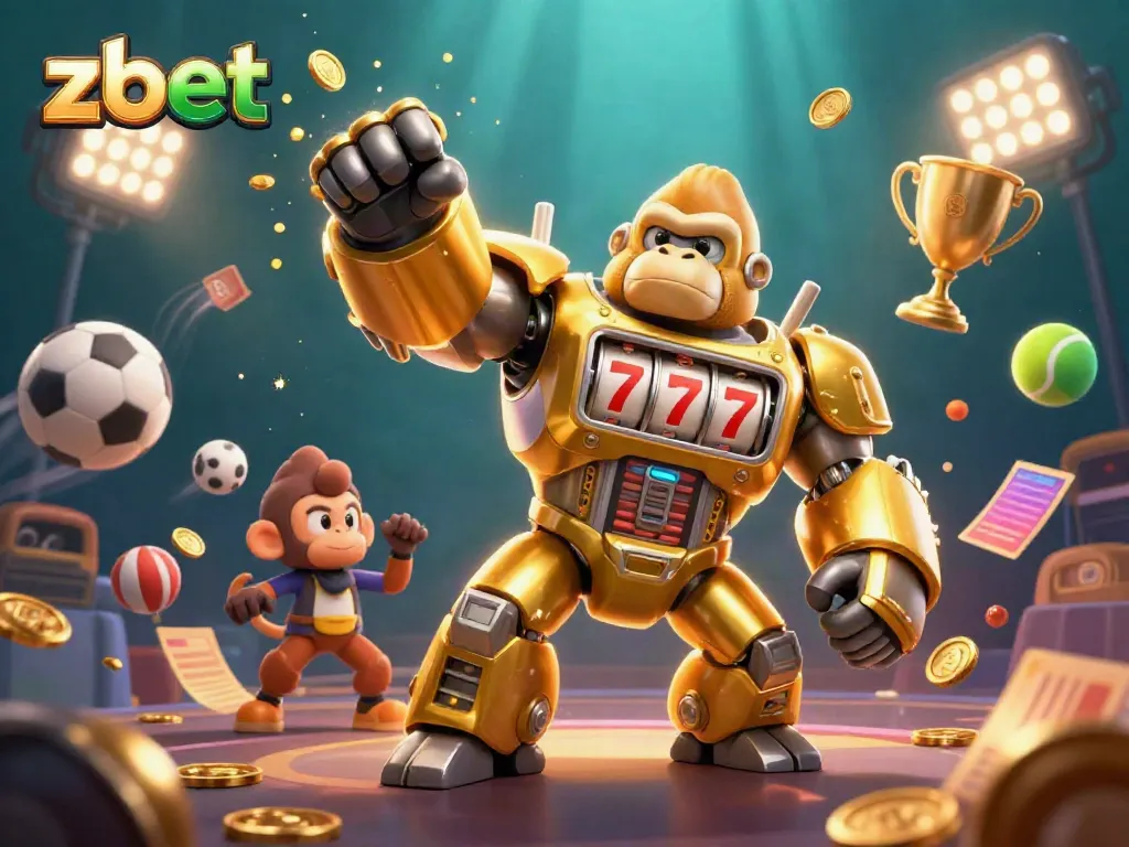 Experience the dynamic world of ZBET with an explosive casino-themed gorilla mech and sports elements.