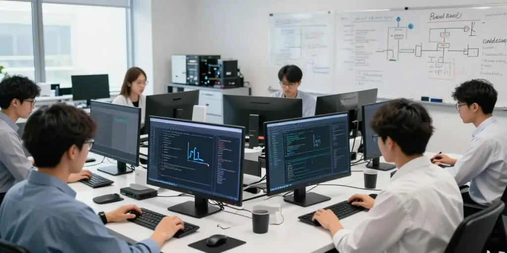 Enterprise AI team analyzing data and collaborating in a modern lab.