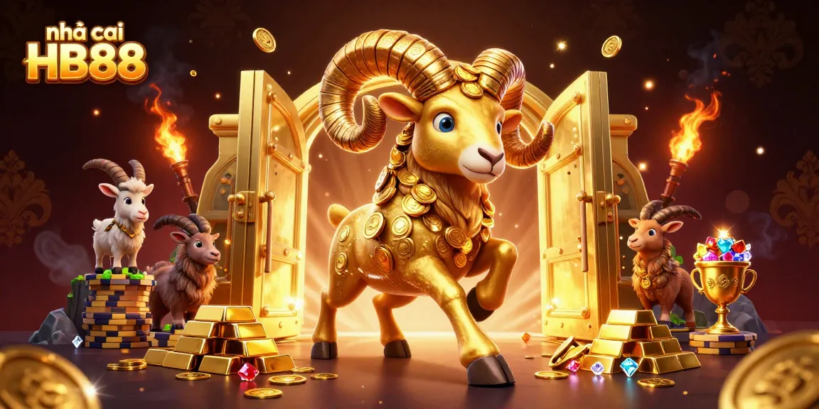 Experience the excitement with nhà cái HB88 featuring a golden ram charging towards a treasure vault.