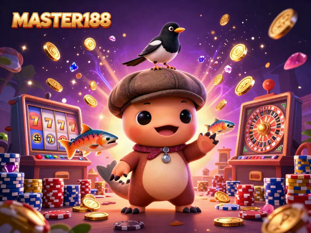 Experience the thrill of MASTER188 with vibrant characters and casino elements in a playful scene.