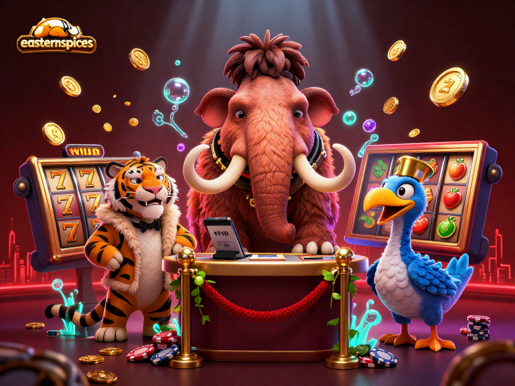 Check IDs at easternspices casino with a woolly mammoth bouncer, saber-tooth tiger guest, and dodo doorman.