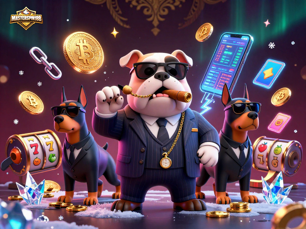 Masterspin188 showcases a mafia bulldog and Doberman bodyguards amid vibrant slot reels and crypto coins.