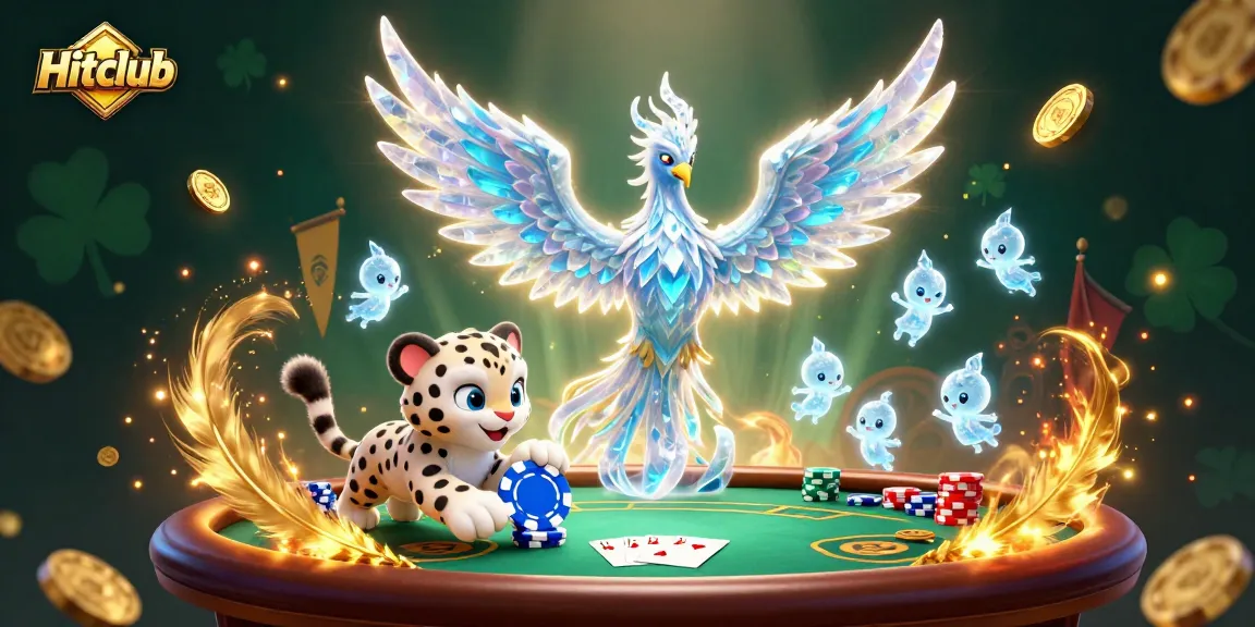 Hitclub showcases a vibrant poker scene with a playful snow leopard and an ice phoenix, capturing action and excitement.