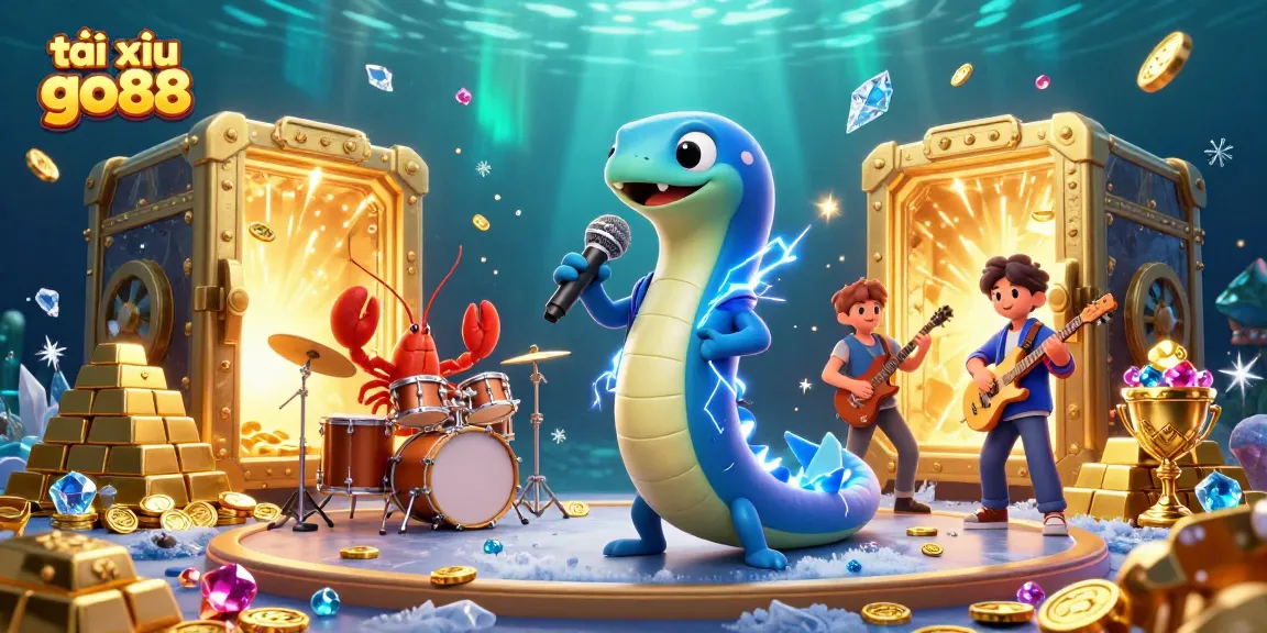 Tài xỉu go88 showcases an electric eel DJ with treasure in an underwater casino setting.