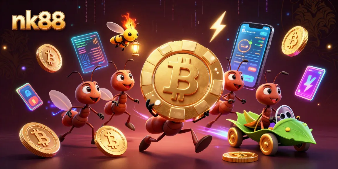 nk88 showcases ants in a heist with poker chips and crypto elements in an engaging online casino scene.