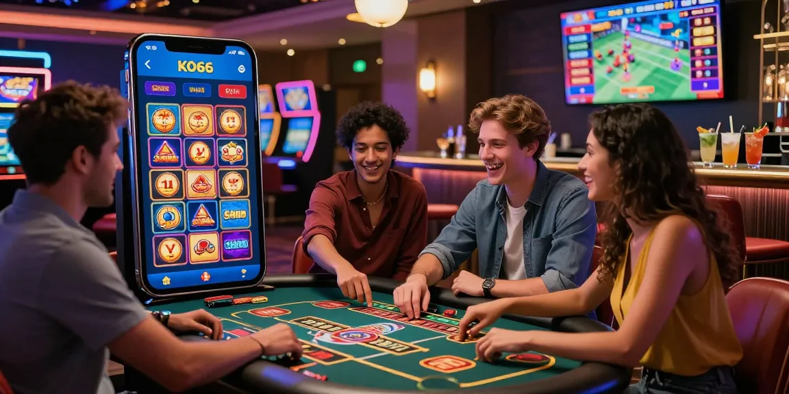 Friends enjoying the KO66 app in a vibrant casino, showcasing excitement and social gambling