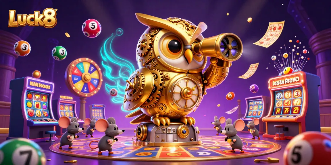 Engage with Luck8's vibrant casino scene featuring a golden owl and festive lottery elements.