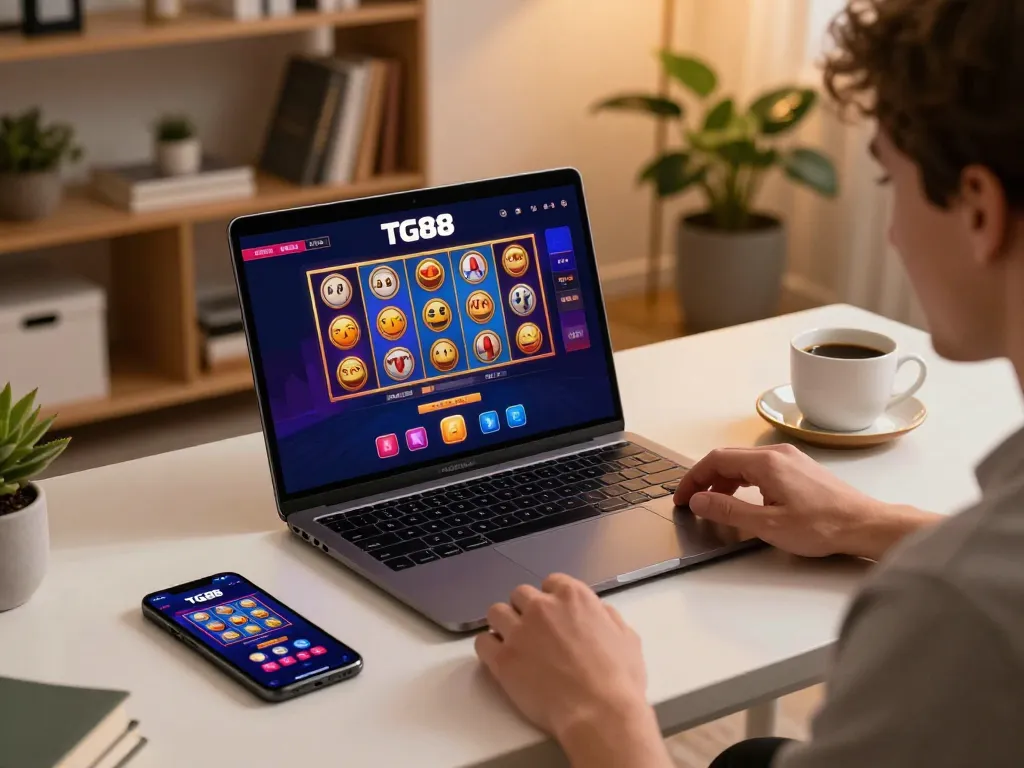 Engaging gameplay on TG88 casino interface with laptop showing vibrant slot games.