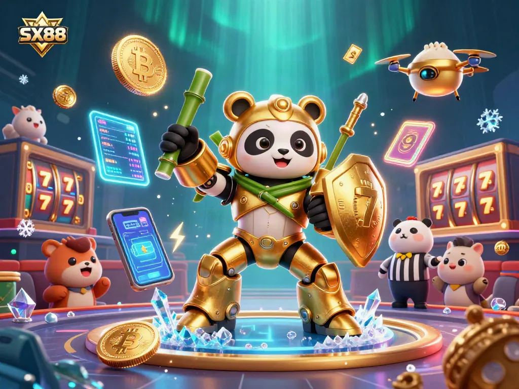 SX88 casino-themed illustration showcasing a golden panda in a mech-suit amidst slot reels and crypto coins.