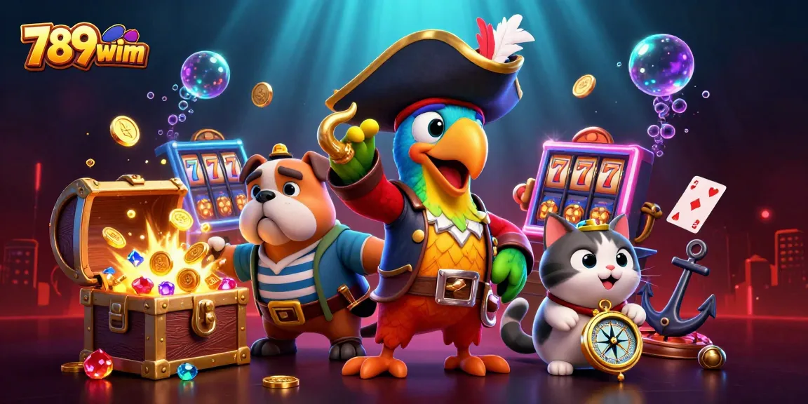 Engage in vibrant slot thrills with 789wim's dynamic pirate-themed 3D casino illustration