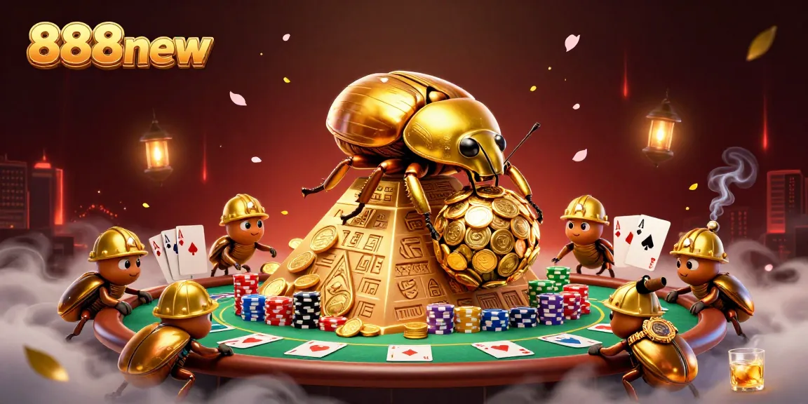Engage in thrilling gameplay at 888new with vibrant 3D casino visuals of golden beetles and poker elements.