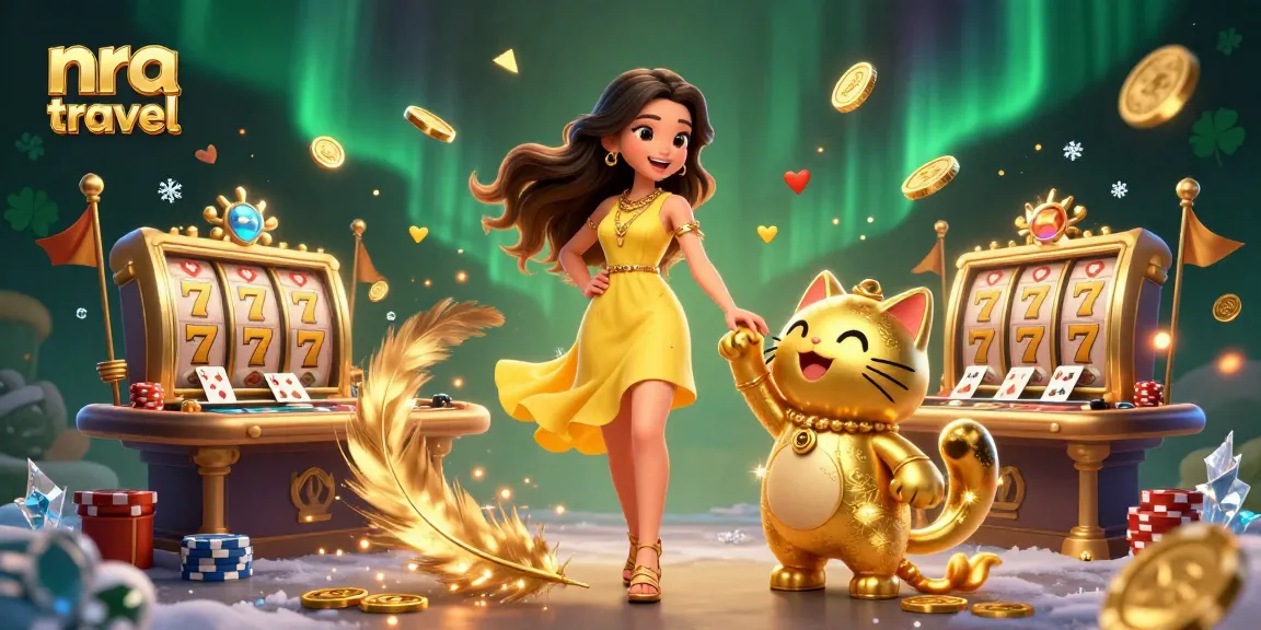 Experience nra travel's vibrant casino adventures featuring a joyful traveler and a lucky cat.