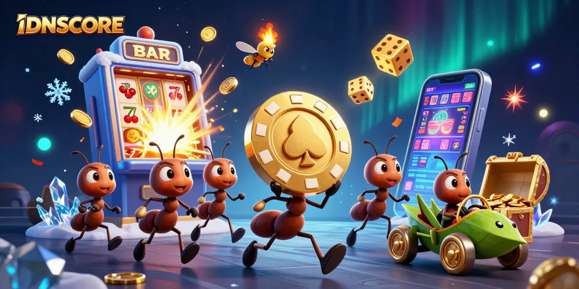 IDNSCORE features ants on a heist for poker chips amidst dynamic casino elements.