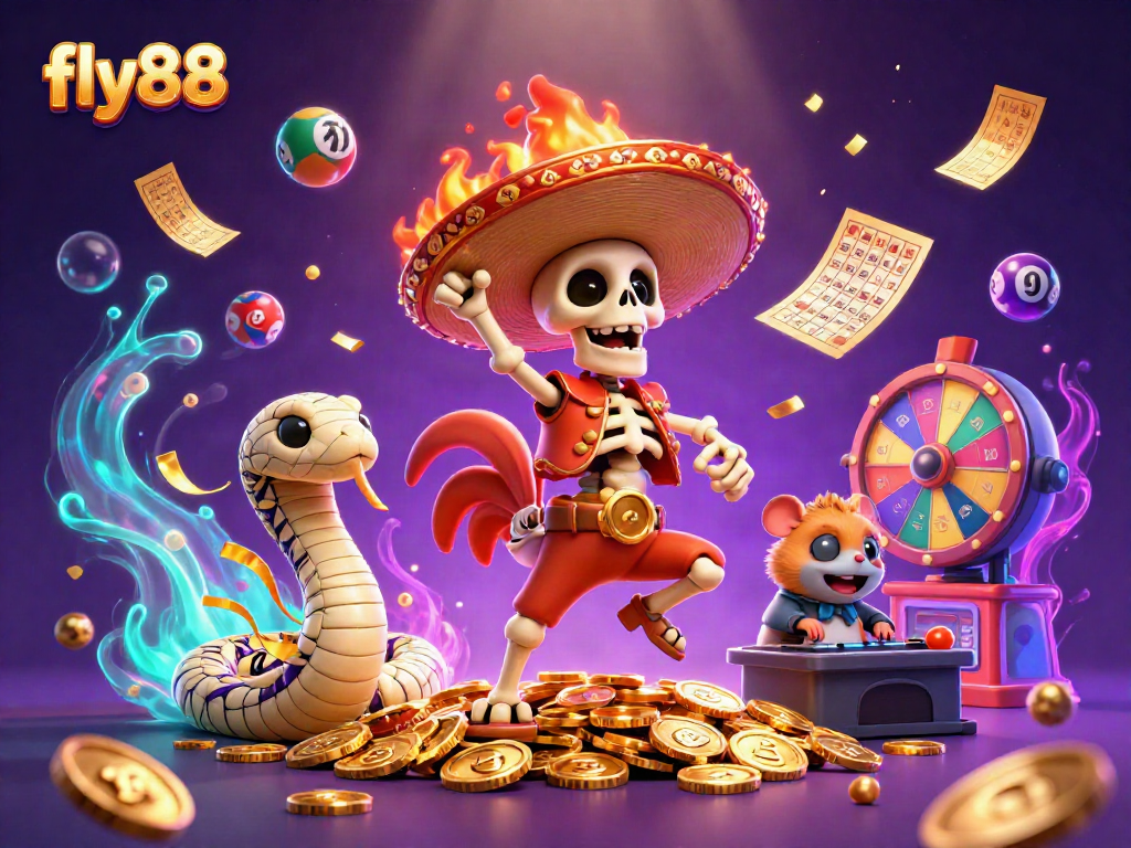 Win big with fly88 in a vibrant casino scene showcasing colorful lottery elements and dynamic characters.