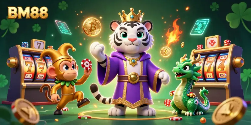 Engage with the vibrant BM88 casino scene featuring a majestic tiger, playful monkey, and jade dragon amidst slot reels and crypto elements.