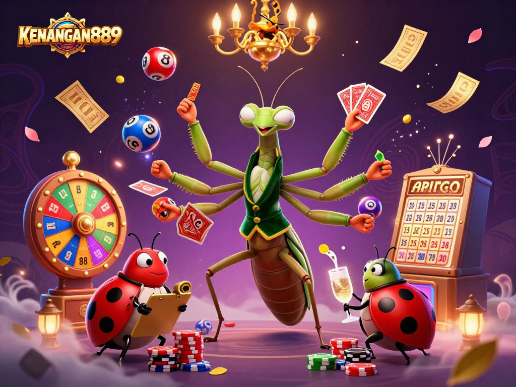 Experience the excitement of KENANGAN889 with a vibrant casino scene showcasing key characters and dynamic game elements.