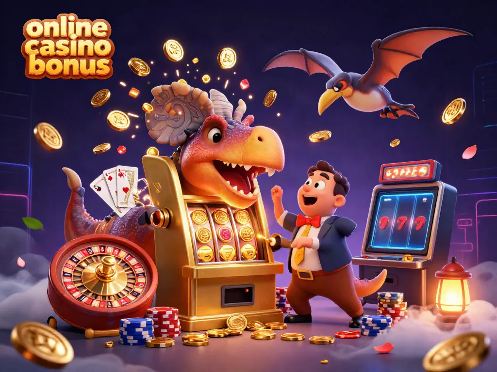 Experience the thrill of online casino bonuses with a cartoon dinosaur winning jackpots and flying coins.