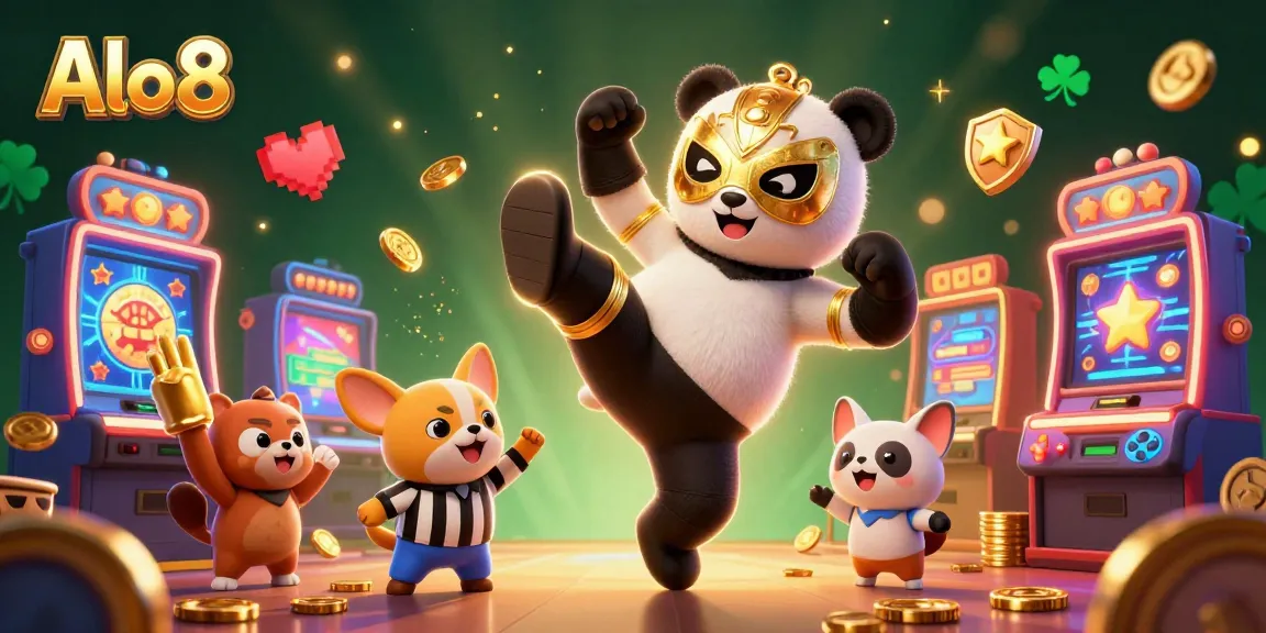 Alo8's vibrant casino scene featuring a panda wrestler and animated characters engaging in a dynamic slot game.