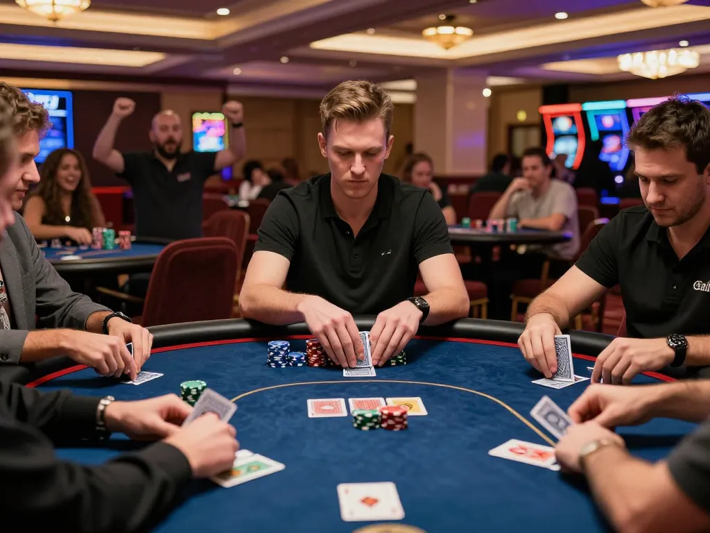 Experience intense poker gameplay at vegasslot77 in a high-end Vegas casino, showcasing strategy and excitement.
