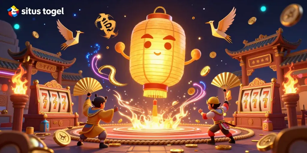 Experience the thrill of situs togel in a vibrant casino scene with a glowing lantern spirit, warriors, and game elements.