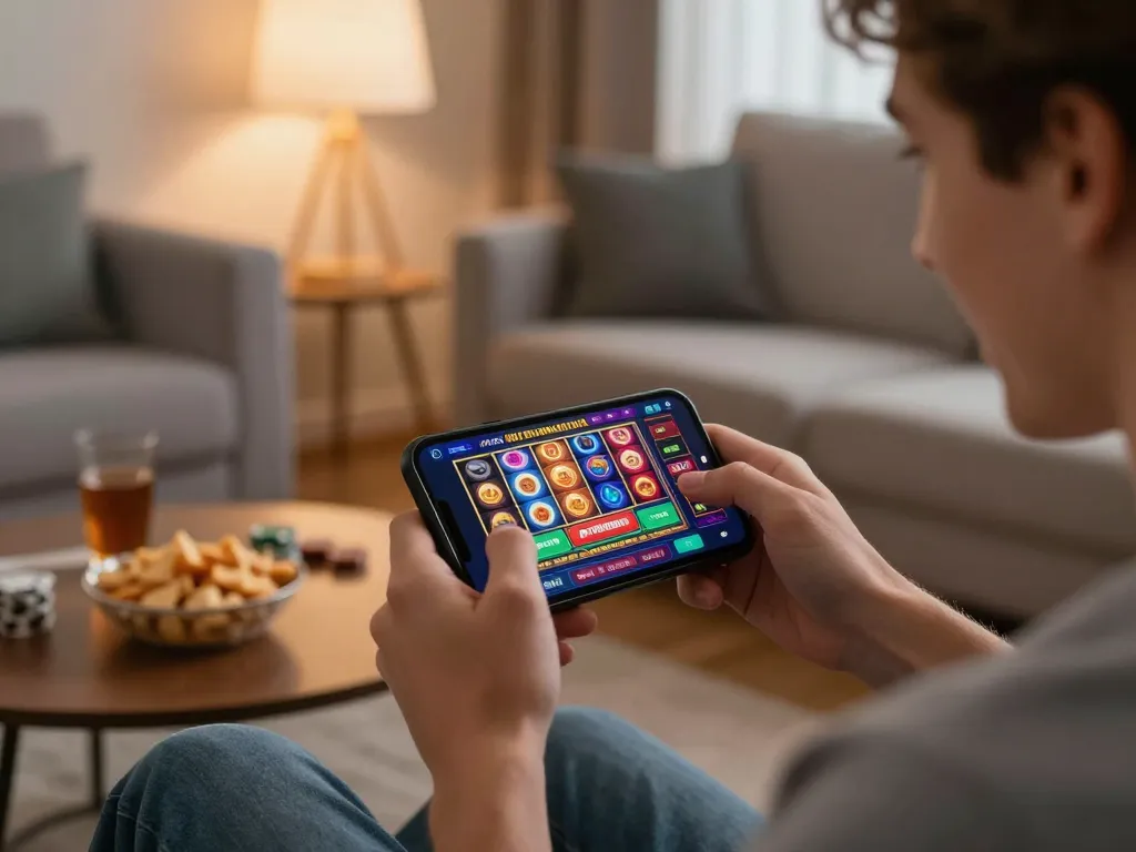 Engaged gamer exploring exciting 78win online casino app, vibrant atmosphere in cozy setting.