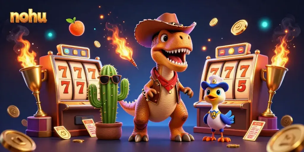 Nohu-themed casino illustration featuring a cowboy dinosaur and vibrant slot reels.